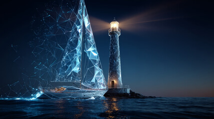 Poster - Lighthouse searchlight beam through Yacht in the sea from lines and triangles, point connecting network on blue background. Illustration vector