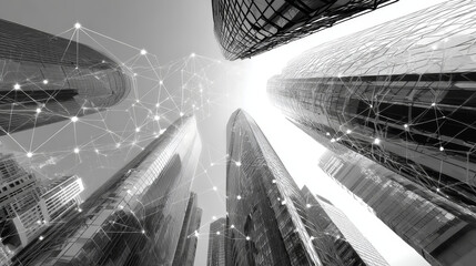 Poster - Up view of modern city urban landscape. Low-angle view of skyscrapers. Low poly wireframe, lines. Illustration vector