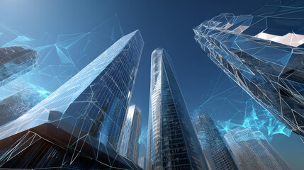 Poster - Up view of modern city urban landscape. Low-angle view of skyscrapers. Low poly wireframe, lines. Illustration vector