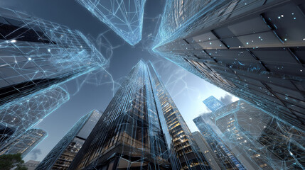Poster - Up view of modern city urban landscape. Low-angle view of skyscrapers. Low poly wireframe, lines. Illustration vector