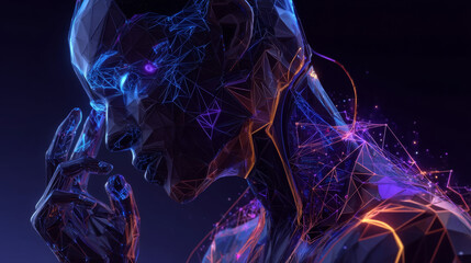 Poster - Futuristic telecommunication technology concept. A man Hand touch communication equipment from lines, triangles and particle style design