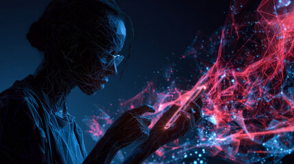 Poster - Man playing with his smartphone form lines, triangles and particle style design. Illustration vector