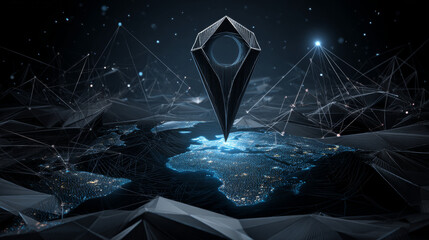 Poster - Technology navigator pin checking in a location on the map diagram. Lines, triangles, and particle style design. Vector illustration
