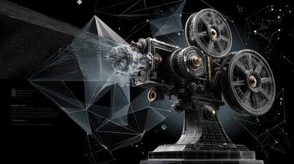Poster - Movie projector form lines, triangles and particle style design. Illustration vector