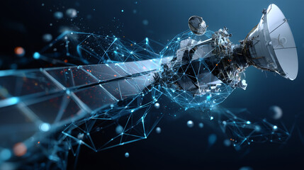 Poster - satellite from lines and triangles, point connecting network on blue background. Illustration vector