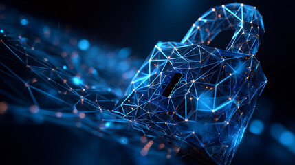 Poster - Cyber security concept. Lock symbol from lines and triangles, point connecting network on blue background. Illustration vector