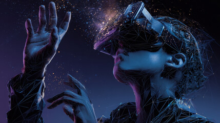 Poster - Wireframe man with VR headset sign mesh from a starry and start up concept background. Future technology concept