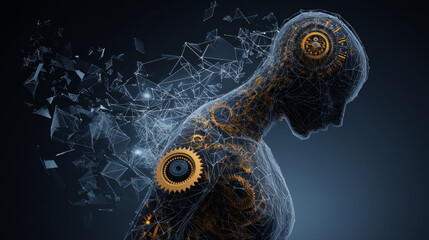 Poster - Human with gear icon from lines, triangles and particle style design. Illustration vector