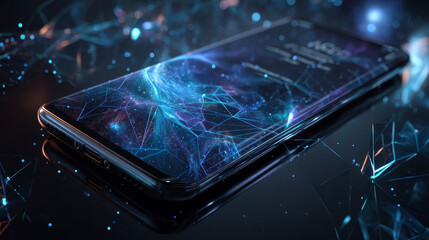 Poster - Close up of mobile phone camera from lines, triangles and particle style design. Illustration vector