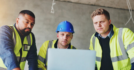 Aufkleber - Man, laptop and team at construction site with meeting, review and planning for renovation project. Lead engineer, checklist and staff for architecture, computer and feedback for property development