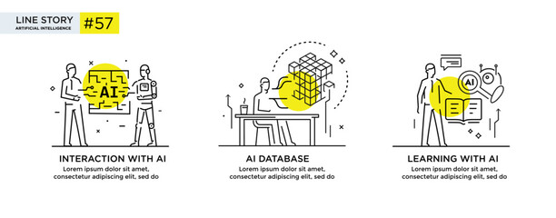 Set of illustrations concept with businessmen. technology, partnership, artificial intelligence business robot, cybes. linear illustration Icons infographics. Landing page site print poster. Line