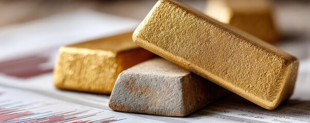Poster - Gold price surge risk from economy and bubble concept. Golden bars representing wealth and financial investment.