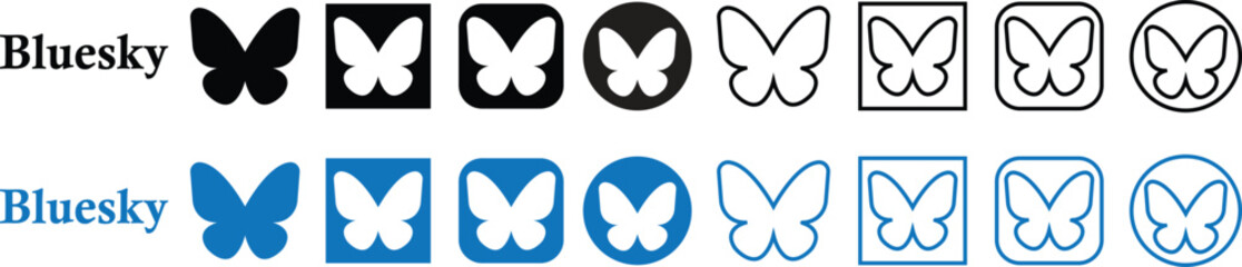 Fototapete - Bluesky logos set in flat and line style .Butterfly vectors. Bluesky button application logotype. Popular social media icons. Realistic editorial network app symbol isolated on transparent background.