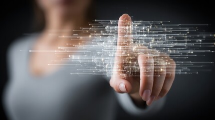 Poster - Woman interacting with a touchscreen digital interface for innovative technology and modern user experience concept