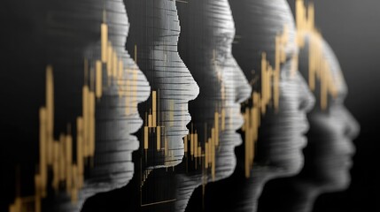 Poster - Gold bull analysis psychology behind bubble and trend concept. Abstract representation of market trends with human profiles.