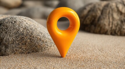 Poster - Bright yellow marker placed on a beach representing a concept of ownership and accountability in a coastal setting
