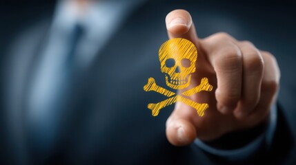 Aufkleber - Skull and crossbones symbol held in a man's hand representing risk awareness and transparency in a creative context