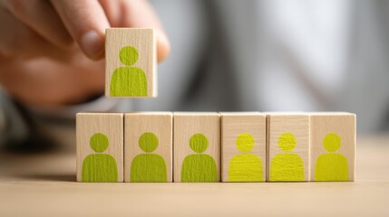Poster - Person placing block of wood with green sticker on top to initiate realignment concept for team strategy and goals