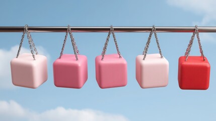 Poster - Row of pink and red cubes suspended from metal rod representing quantum trade simulation in a futuristic market context