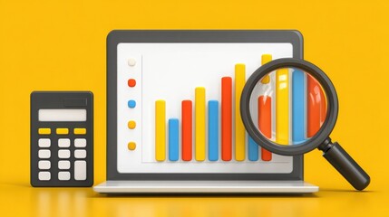 Poster - laptop with magnifying glass and calculator symbolizing rate clarity of input and assessment of data