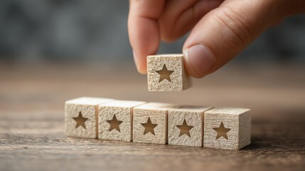 Poster - Hand placing a wooden block with a star symbolizing measurement in stakeholder engagement and involvement