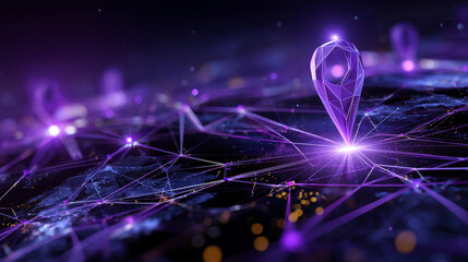 Poster - GPS Navigation. Location marking with a pin. Navigation locator map. GPS. Low polygonal wireframe mesh lines and triangles, point connecting on purple background. Illustration vector