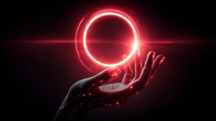 Aufkleber - Futuristic round red neon frame over hand human. Abstract circle light hanging over palm of scientist. template banner for technological presentation with place for logo. Future science background.