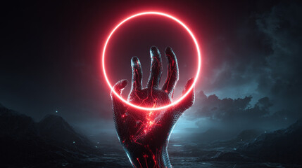 Aufkleber - Futuristic round red neon frame over hand human. Abstract circle light hanging over palm of scientist. template banner for technological presentation with place for logo. Future science background.