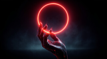 Aufkleber - Futuristic round red neon frame over hand human. Abstract circle light hanging over palm of scientist. template banner for technological presentation with place for logo. Future science background.