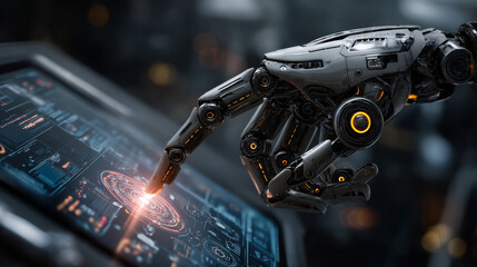 Poster - the robot hand or arm presses the button on the touchscreen. protection from bots.  illustration. spam protection hacking. hacking bot protection. chrome fingers points.