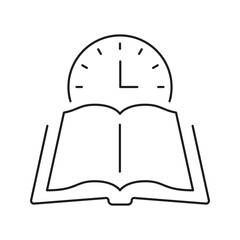Poster - Open Book With Clock Line Icon. Time Management, Study Scheduling, And Learning Planning Outline Symbol. Educational Efficiency And Productivity. Editable Stroke. Isolated Vector Illustration