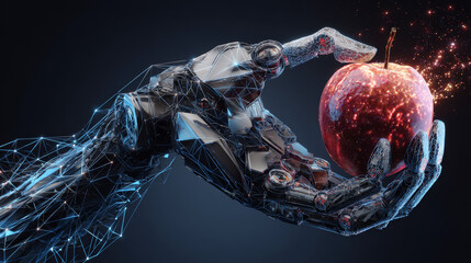 Poster - Bionic medical hand prosthesis, holding bite of apple. Metallic robot arm internal human. Future technology concept