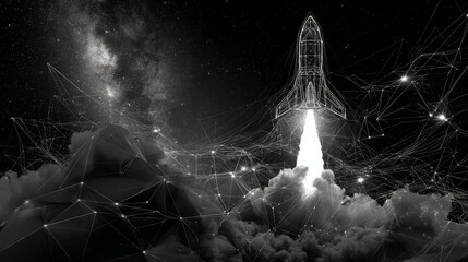 Poster - Business Start Up Concept for banner, web page, presentation, landing page template. Rocket launch into undiscovered space. Low poly wireframe. Vector illustration