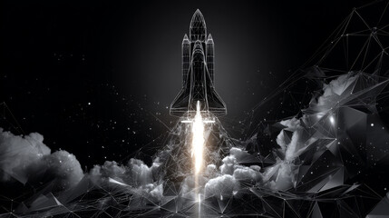 Poster - Business Start Up Concept for banner, web page, presentation, landing page template. Rocket launch into undiscovered space. Low poly wireframe. Vector illustration