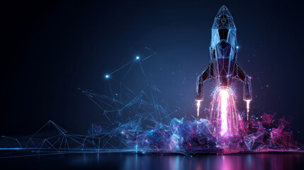 Poster - Rocket launch. Business startup concept form lines, triangles and particle style design. Illustration vector