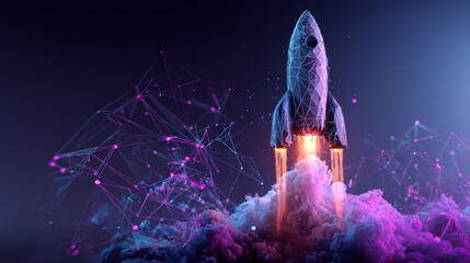 Poster - Rocket launch. Business startup concepts form lines, triangles and particle style design. Illustration vector