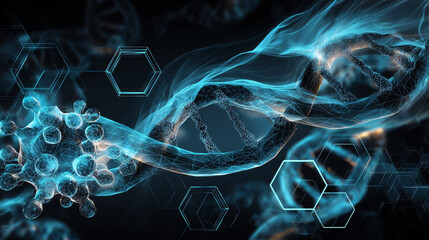 Poster - Molecular structure background. Science template wallpaper or banner with a DNA molecules. Asbtract molecule background with hexagons, wave flow. Vector illustration