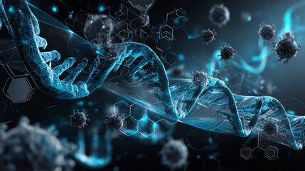 Poster - Molecular structure background. Science template wallpaper or banner with a DNA molecules. Asbtract molecule background with hexagons, wave flow. Vector illustration