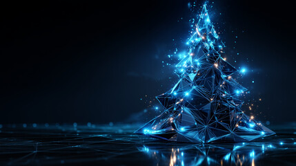 Poster - Glowing polygonal Christmas tree in blue light on dark background, digital futuristic holiday concept