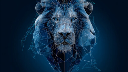 Poster - Low polygon Lion head wireframe mesh on blue background