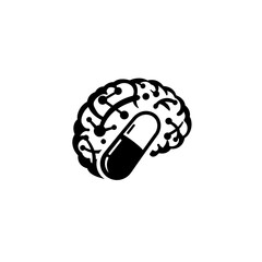 Poster - Brain Pill: Abstract illustration of a brain with a pill integrated into it.  The design symbolizes brain health, medication, cognitive enhancement, or neurology.