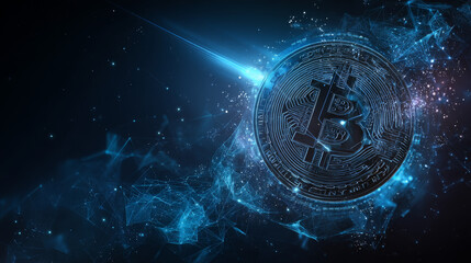 Poster - Wireframe bitcoin mesh from a starry on blue background. Business and technology concept