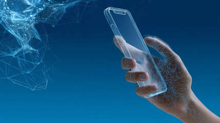 Poster - Abstract low polygon a hand holding smartphone wireframe mesh on blue background