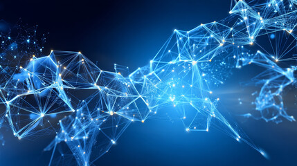 Poster - Abstract low polygonal with connecting dots and lines on soft blue background. Science and technology