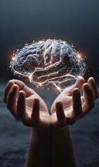 Poster - hands holding a glowing brain made of interconnected lines and lights