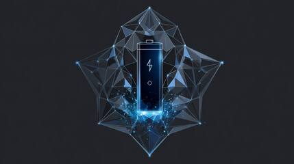 Poster - Abstract Battery Charging Icon form lines and triangles, point connecting network on blue background. Illustration vector