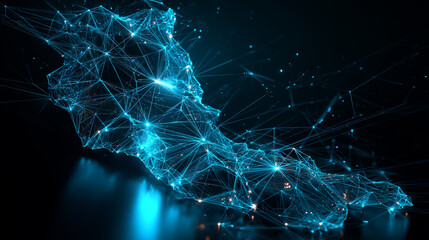 Aufkleber - Abstract geometric mesh polygonal light Guinea Bissau map. Business wireframe mesh spheres from flying debris. Blue structure style vector illustration concept.