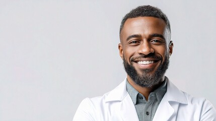 Poster - friendly scientist in lab coat smiling against plain background