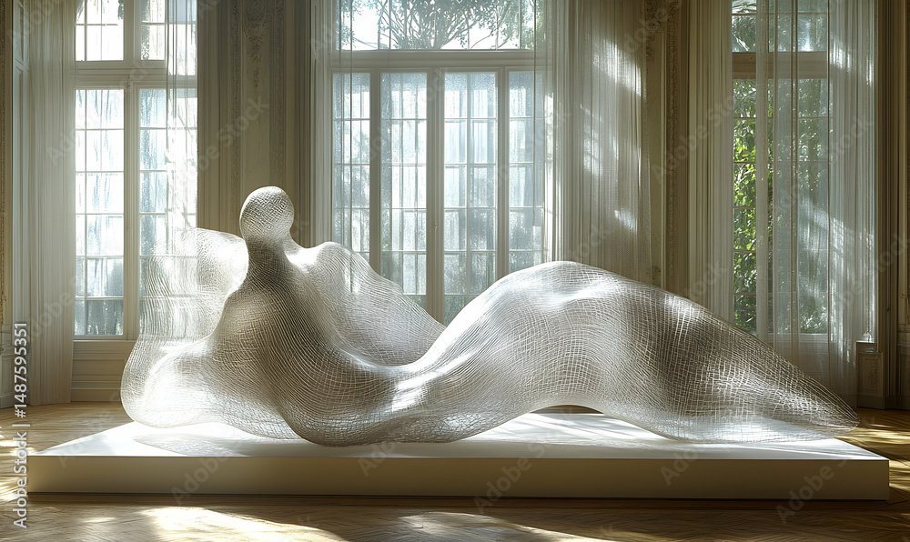 Translucent Form Work Translucent form sculpture rests on a white platform in a grand room ...