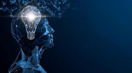 Poster - Abstract Head and lightbulb from lines and triangles, point connecting network on blue background. Illustration vector